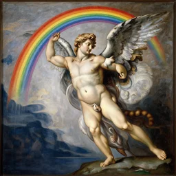 a highly detailed painting of a cat with wings leaving a trail of rainbows behind in michelangelo style of painting