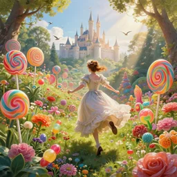 portrait of a victorian woman, running up a hill of exotic flowers in the candyland, giant multicolored lollipops, and gumdrops, exotic plants in the shape of candies, from behind, Castle in distance, birds in the sky, sunlight and rays of light shining through trees, beautiful, solarpunk!!!, highly detailed, digital painting by Michael Garmash and Peter Mohrbacher