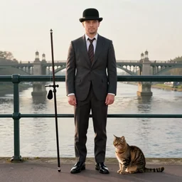 ewan mcgregor is standing by the river seine on a bridge in the morning. he is wearing a gentleman ´ s outfit with a bowler hat. next to him at his feet is lying a brown cat. ewan mcgregor is painting a canvas that is put on an easel. morning light. early 2 0 th century paris. vivid colours, by james gurney, by greg rutkowski, artstation