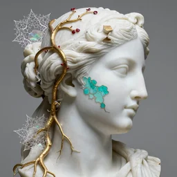 photorealistic white marble greek goddess face profile sculpture entwined by golden roots and crimson vines, flesh shows at parts under the broken marble, very very thick turquoise kintsugi!!!!!!!!!!!!!!, symbolist, visionary, entwined with iridiscent fractal lace!!!!!!!!!!!!!