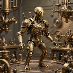 bronze golem im steampunk workshop, intricate, elegant, highly detailed, john park, frazetta, sparth, ruan jia, jeffrey catherine jones