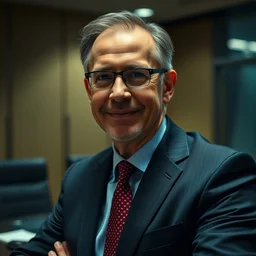 a portrait photograph of a smug executive in a business suit in a board room, dof, low light, highly detailed, 4 k, cinestill 8 0 0 t, exif