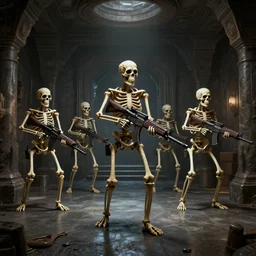 a dungeon with skeletons creatures holding assault rifles, artstation, volumetric light, high detail, reflections, perfect, concept art, hdr, 4 k