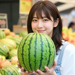closeup photo of Chie Satonaka holding a square watermelon at a fruit market in Tokyo
