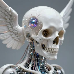 ai biomech, ethereal ultralight i robot skull mechanism, quantum physics, angelic and unsettling, wires, veins, ferrofluid, bismuth, style blend of hideo kojima, shepard fairey, and botticelli, city backdrop is a blend of the vatican, neo - andean architecture and brutalism, 4 k photorealistic, ultra fine inklines