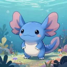 a cute blue axolotl, under water, fantasy style