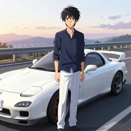 aesthetic detailed anime illustration of ryosuke takahashi with black hair, dark blue shirt and white pants, standing by his white glossy mazda rx 7 on an empty highway at sunrise, cinematic lighting, initial d anime 1 0 8 0 p, detailed anime face, high detail, 9 0 s anime aesthetic, volumetric lights, rule of thirds, unreal engine 5 render, pinterest wallpaper, trending on artstation
