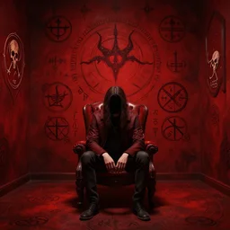 a man philosophy schizophrenic is sitting in a red room with infernal symbols and sigils and runes for death height detailed
