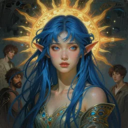 stunning, breathtaking, awe-inspiring award-winning concept art nouveau painting of attractive blue-haired Asian elf, as the goddess of the sun, with anxious, piercing eyes, by Alphonse Mucha, Michael Whelan, William Adolphe Bouguereau, John Williams Waterhouse, and Donato Giancola, cyberpunk, extremely moody lighting, glowing light and shadow, atmospheric, cinematic, 8K