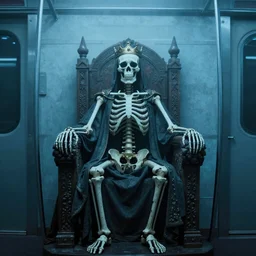 Subjective centered view of a skeleton in garbs with a crown on his head sitting on a medieval king’s throne in a subway wagon, blue tinted photo, creepy ambience, dream ambience, foggy, low light, kodachrome photo