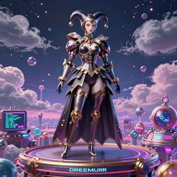 maximalist 3 d render of the god of hyperdeath in final fantasy cyborg asriel dreemurr protogen, jester outfit regal, ornate, sultry, scifi platform against a psychedelic surreal background in the style of 1 9 9 0's cg graphics against the cloudy night sky, lsd dream emulator psx, 3 d rendered y 2 k aesthetic by ichiro tanida, 3 do magazine, wide shot