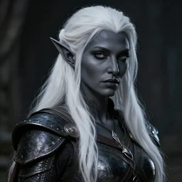 a portrait of a female drow elf, dark grey skin, innocent look, long white hair, slick leather armor, style by donato giancola, wayne reynolds, jeff easley dramatic light, high detail, cinematic lighting, artstation, dungeons and dragons