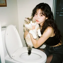 a rich girl holding a cat above a toilet, flash photo