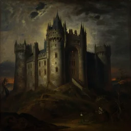 painting of mysterious castle with dark cinematic atmospheric lighting  by George Stubbs, zdzisław beksiński, renaissance painting, oil painting, old master