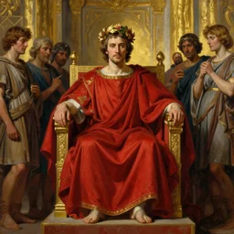 beautiful oil matte portrait painting, steve buscemi in royal crimson robes enthroned as the god emperor of ancient rome surrounded by servants in gilded halls a golden wreath upon his head, by anders zorn, wonderful masterpiece by greg rutkowski, beautiful cinematic light, american romanticism, by thomas lawrence, greg rutkowski