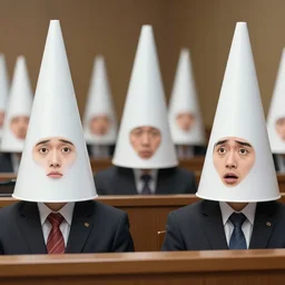 coneheads testifying in court, detailed facial expressions