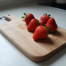 mobile photo of few strawberries lie on a cutting board on the table, homephoto, samsung camera