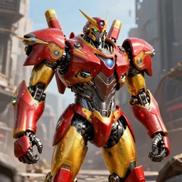 a futurecore shiny ornate boxing humanoid mecha in ruin city, victory, mechanical structure, by war robots, real steel ( 2 0 1 1 ), westworld and eve venture and pacific rim and machine warrior 5, cryengine, frostbite 3 engine, scarlet and yellow scheme, sharp focus, 8 k, high definition, insanely detailed, bright, ray tracing, realistic shaded, smooth face