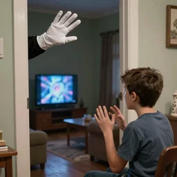 a white gloved hand, coming out from behind a doorway, waving at a terrified boy watching tv in a living room, haunted, scary