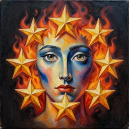 Intricate five star Star Fire portrait by Pablo Picasso and Greg Rutkowski, oil on canvas, HDR, high detail, Photo realistic, hyperrealism,matte finish, high contrast, 3d depth, masterpiece, vivid and vibrant colors, enhanced light effect, enhanced eye detail,artstationhd