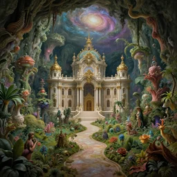 an epic elite masterpiece mysterious sci - fi matte painting of a baroque palace at end of winding path through lush cave dream worlds with surreal lush structures inspired by heironymous bosch's garden of earthly delights, surreal lush landscapes by asher durand and cyril rolando and natalie shau and thomas kinkade, insanely detailed and intricate, elegant, subterranean galaxy