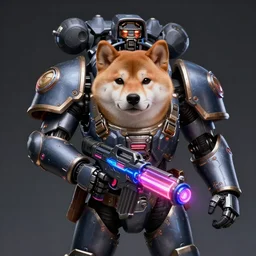 cyborg anthropomorphic shiba inu warhammer 4 0 k emperor armor realistic scifi cyberpunk, holding scifi neon laser gatling gun portrait art by donato giancola and greg rutkowski, realistic face, digital art, trending on artstation, symmetry