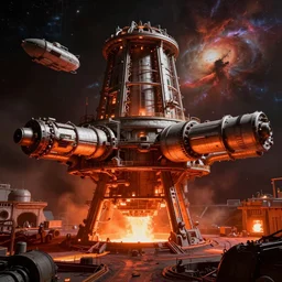 rich warm colors, high contrast hyperreal deep space dock mining platform with massive piping inspired by nuclear reactor core, peter elson, millennium falcon space - station vuutun palaa submarine, ilm, beeple, star citizen halo, mass effect, oblivion, elysium, the expanse, iron smelting pits, high tech industrial, dramatic nebula sky, volumetric lighting
