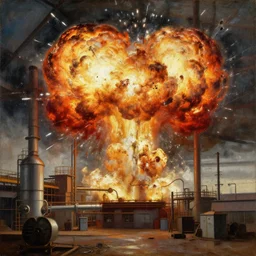a painting of an explosion in a factory by peter ilsted