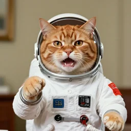 1 9 6 0's color photo of angry ginger cat in spacesuit giving public speech