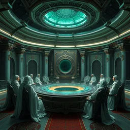 ! dream cinematic, renderman, futuristic palace hall with nine kings and queens, dressed in white robes, round table with stargate, high detailed decor, emerald treasure, symmetrical, symmetric, jeremy mann and greg rutkowski, frank frazetta