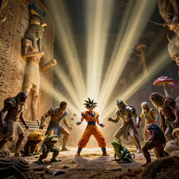 an 8 k hi res well lit dynamic ray tracing rtx volumetric lighting god rays 8 0 mm photo of hieroglyphics of zardoz and goku and orcs and jim henson and hercules greek and roman mythology john snow game of thrones dragon psychedelic mushroom acid toad frog hog rat armor marvel iceland vikings king arthur maul horror zombie battle scene