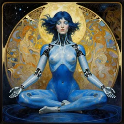 a blue cybernetic woman with mechanical arms meditating over a pool of outer space, by alexandros pyromallis, bouguereau, rutkowski, artgerm, alphonse mucha