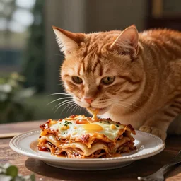 large orange tabby cat eating lasagna by Emmanuel Lubezki