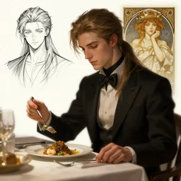 raziel eating dinner, character sheet, character design, contrast, deep focus, turnaround, highly detailed, dramatic lighting, digital painting, artstation, concept art, matte, sharp focus, illustration, elegant, art by artgerm and greg f and alphonse mucha.