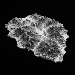 a photorealistic render of a topographic island map, on a black background, greyscale, made of melted plastic and marble, c 4 d, by zhelong xu ouchh studio and ernst haeckel, wide angle, hyper realistic, plain black background, 8 k, volumetric lightning, octane render