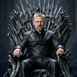 “Very photorealistic photo of Walter White sitting on the Iron Throne from Game of Thrones, award-winning details”