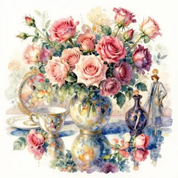 a beautiful insanely intricate watercolor illustration of modern stil life with roses, reflexions, colorfull, by william turner art, by greg rutkowski, by james jean, by rossdraws, by frank franzzeta, by sakimichan, by edmund dulac, trending on artstation, insanely detailed, masterpiece,