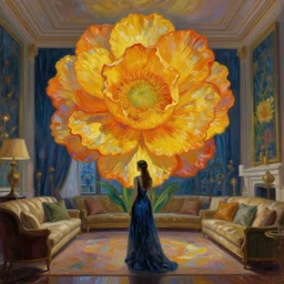 giant flower head, woman in a luxury apartment, surreal, dramatic light, impressionist painting, digital painting, artstation, van gogh