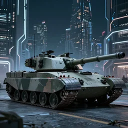 “High tech Military tank, perusing futuristic city at night, Ultra Realitic”