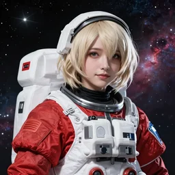 highly detailed portrait of a hopeful pretty astronaut lady with a wavy blonde hair, by Ayami Kojima, 4k resolution, nier:automata inspired, bravely default inspired, vibrant but dreary but upflifting red, black and white color scheme!!! ((Space nebula background))