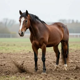 a horse surrounded in a pile of mud