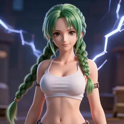 Nami from one piece render as a very beautiful 3d anime girl, hot petite, long braided hair, hazel eyes, full round face, short smile, cinematic lightning, medium shot, mid-shot, highly detailed, trending on Artstation, Unreal Engine 4k, cinematic wallpaper
