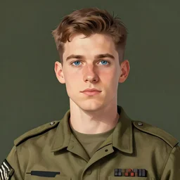 Young man with brown hair and blue eyes, wearing a military uniform, by Greg Rutkowski, 9x16 aspect ratio, trending on artstation