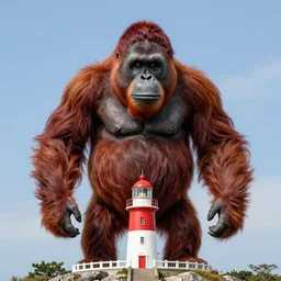 far away portrait of a giant red orangutan as king kong on top of a lighthouse, photo realistic, highly detailed, perfect face, fine details, by carl spitzweg, ismail inceoglu, vdragan bibin, hans thoma, greg rutkowski, alexandros pyromallis