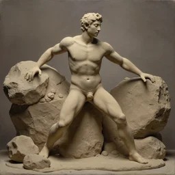 highly detailed painting of a men made of clay, big rocks, sharp focus, dramatic scene, aesthetic, dynamic lighting, elegant, harmony, masterpiece, by roberto ferri, high quality