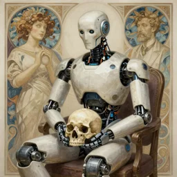 Ultra realistic illustration, robot sitting, holding a human skull in it's hands, cyberpunk, sci-fi, fantasy, intricate, elegant, highly detailed, digital painting, artstation, concept art, smooth, sharp focus, illustration, art by artgerm and greg rutkowski and alphonse mucha