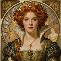 portrait, artwork by james jean, hyperdetailed realistic, beautiful medieval queen, jean delville, art nouveau, alphonse mucha