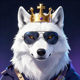 A white wolf wearing aviator glasses, wearing a heraldic crown, synthwave inspired, digital art, ArtStation, CGSociety,