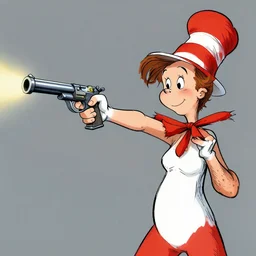 carmen sandiego shooting a mace gun, high - res, art by dr. seuss