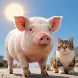 a sun pig ( literally a pig that shines in place of the sun ) while a cat is in the sea looking up, photorealistic minimal details